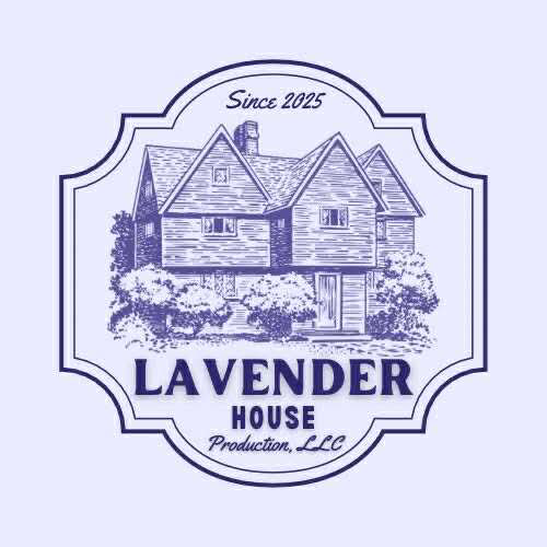 Lavender line drawing of a genteelly dilapidated house.
